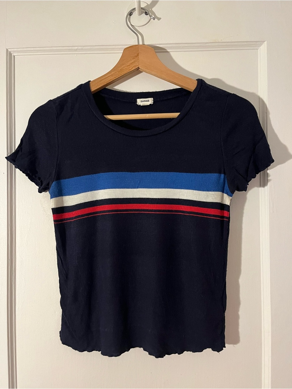 GARAGE Navy Short Sleeve Ribbed Tee with Blue, White and Red Stripes